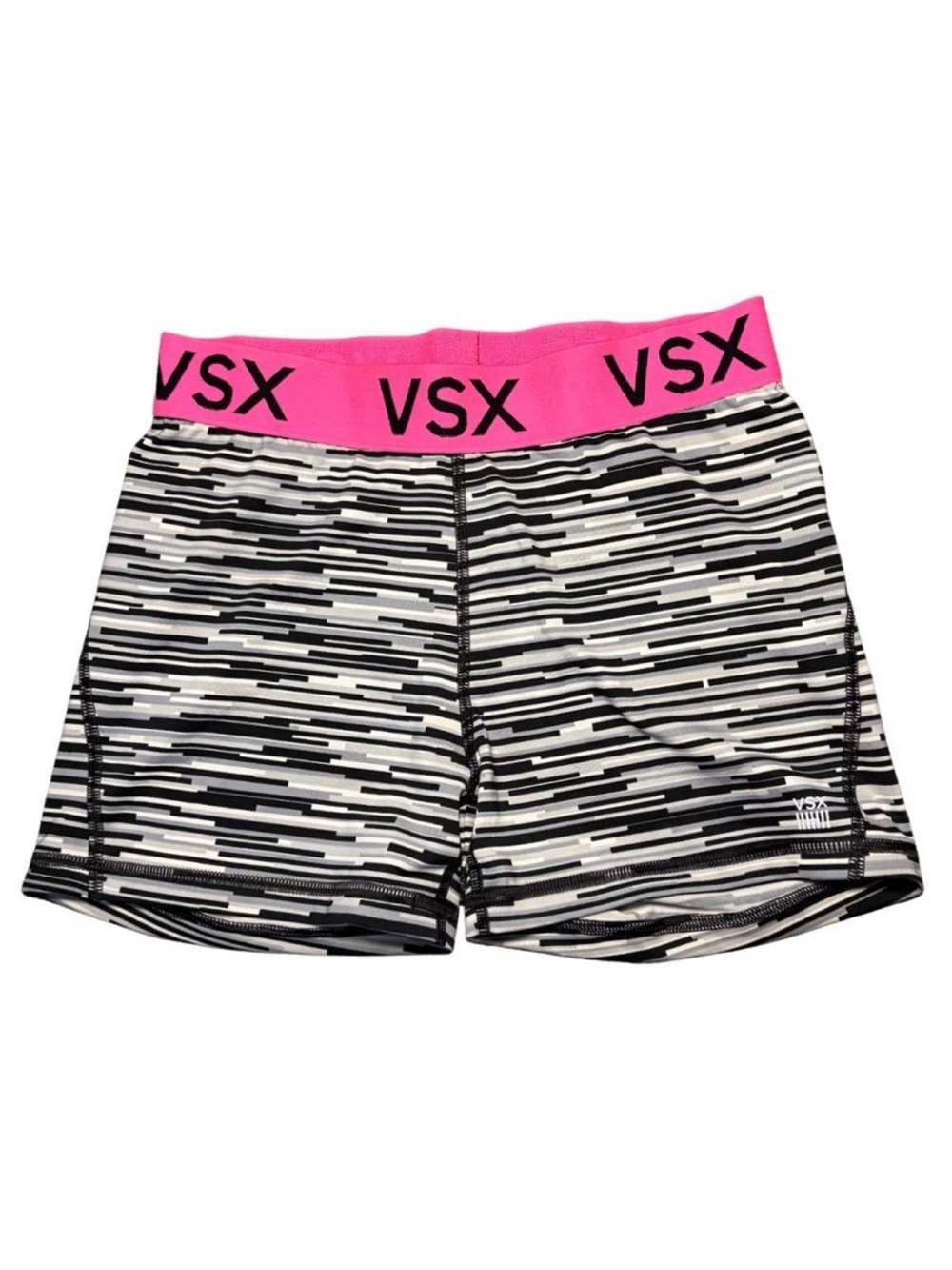 VSX Black & White Striped Bike Shorts with Pink Logo Waistband
